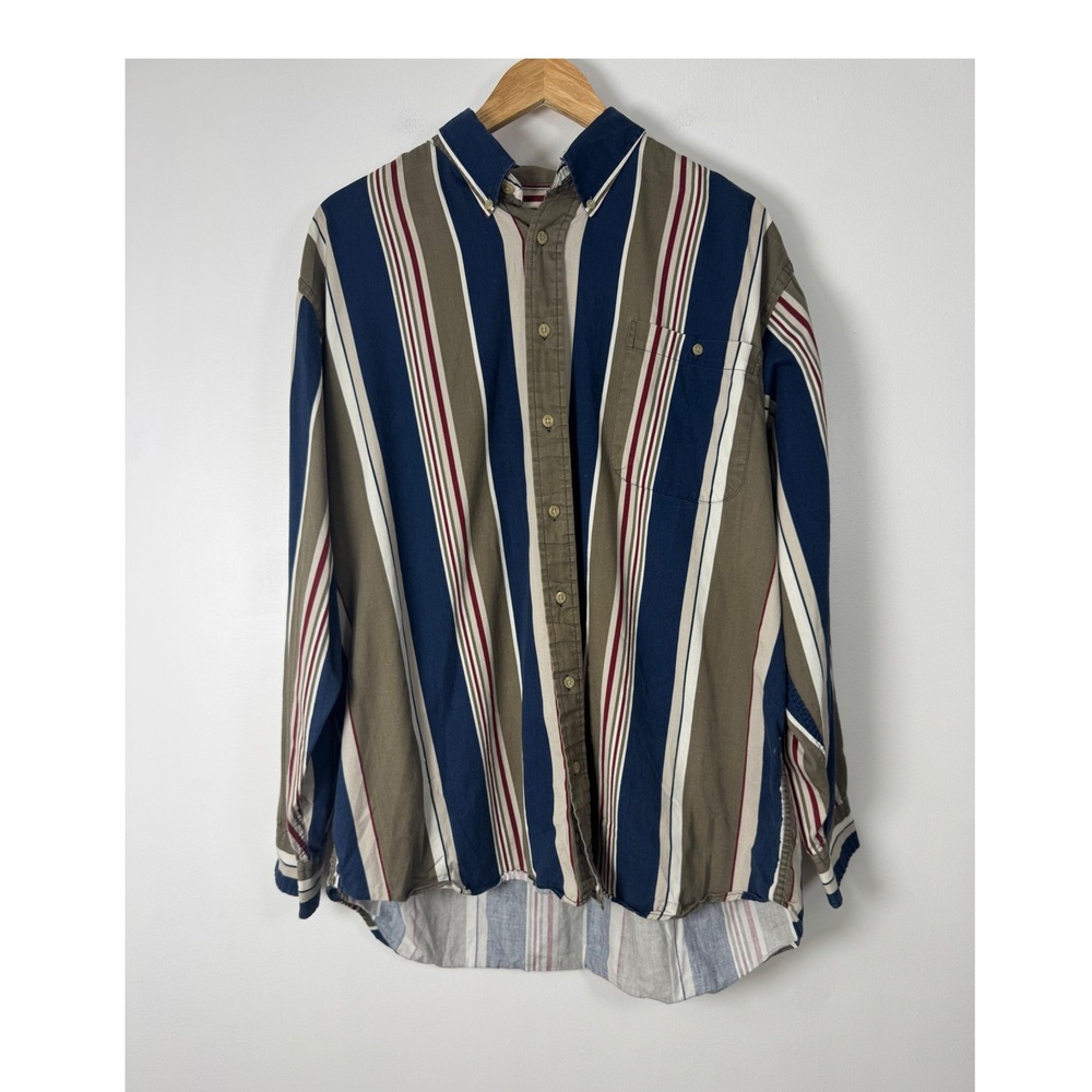90s Grandpacore Trader Bay Mens XLT Button Down Shirt Blue Olive Striped Cotton